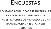 Encuestas Contamos con ideas estructurales en línea para capturar sus investigacines de mercado de una manera agradable para los usuarios.